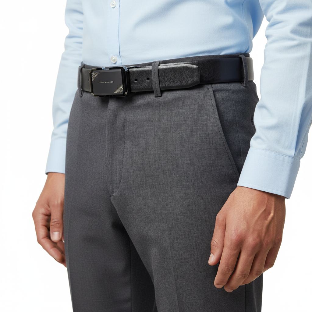 Tommy Hilfiger Black Leather Ratchet Belt with Greek Key Pattern Buckle 🔑⚫✨