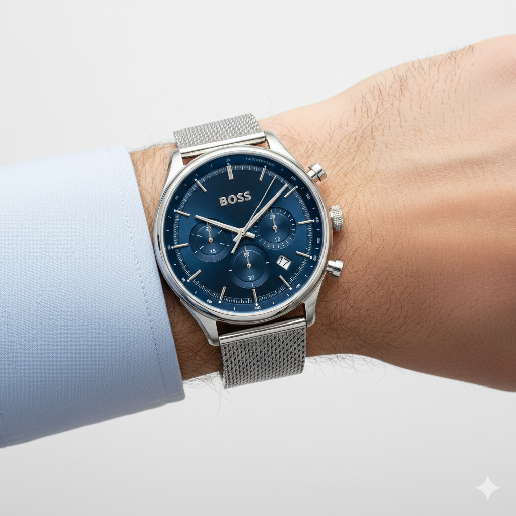 BOSS Skyliner Chronograph Watch with Blue Dial and Mesh Bracelet ⌚️ 👔 🏙️