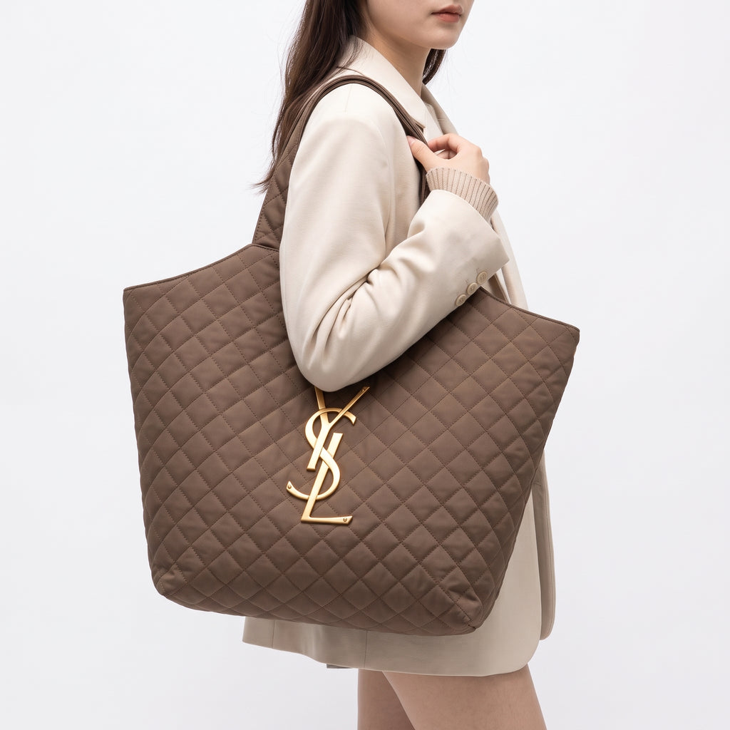 YSL Quilted Textile Tote Bag with Gold Tone Logo