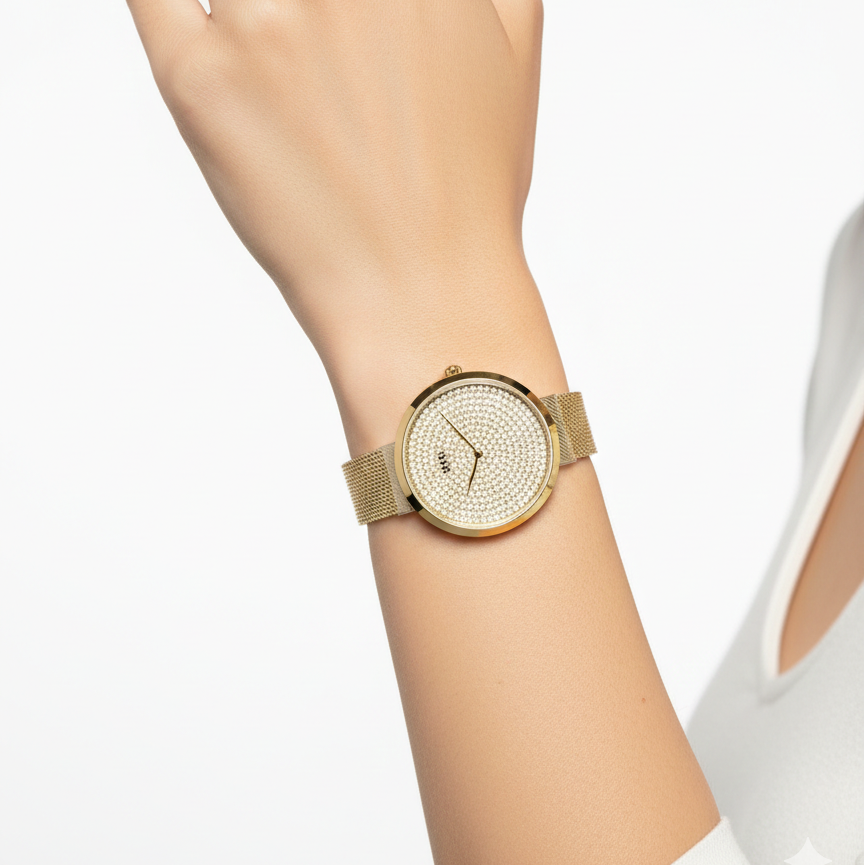 BOSS Crystal Pavé Mesh Bracelet Watch ✨ ⌚ 💛