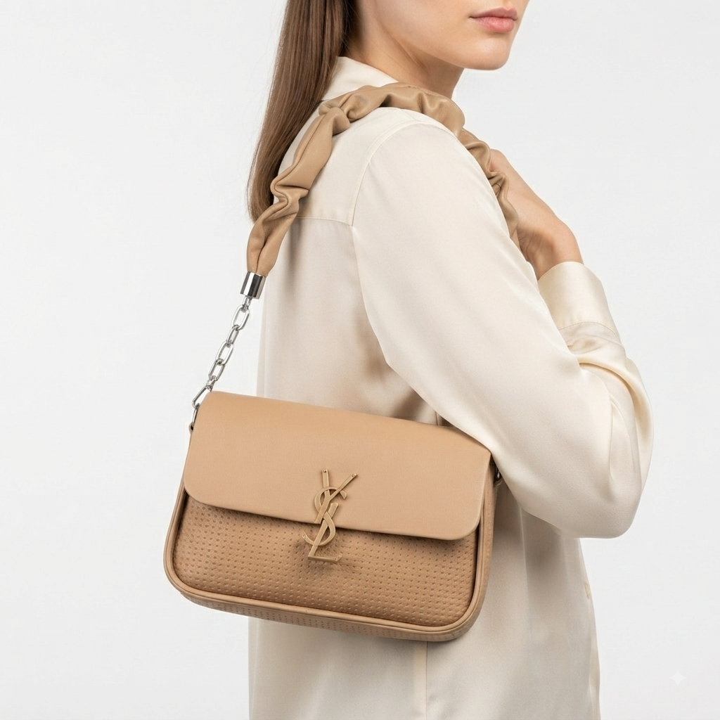 Textured Shoulder Bag with Ruched Handle and Logo Hardware