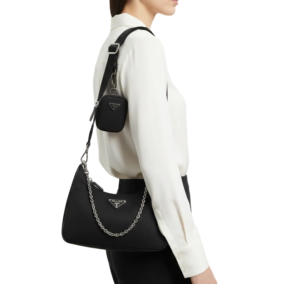 🖤 Prada Re-Edition 2005 Nylon Shoulder Bag with Chain & Pouch ✨