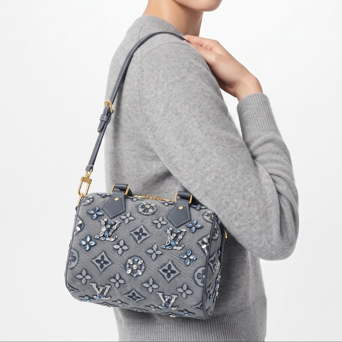 Louis Vuitton Denim Monogram Handbag with Crystal Embellishments