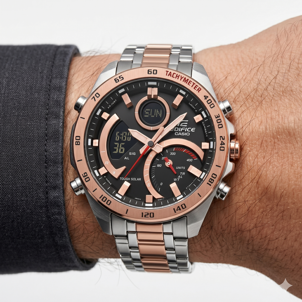 Casio Edifice Tough Solar ⌚ Silver & Rose Gold Watch