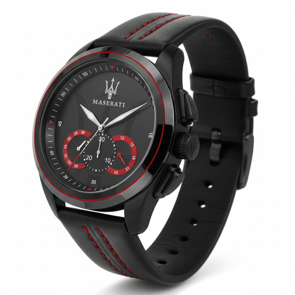 🔱 Maserati Chronograph Watch Black with Red Accents and Leather Strap ⚫️🔴