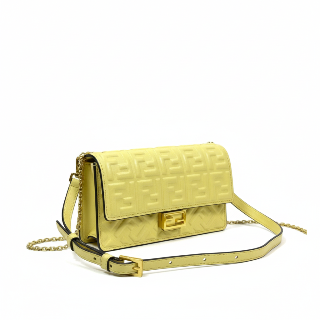 Fendi FF Embossed Mini Baguette Bag in Yellow Leather 🍋✨🔗