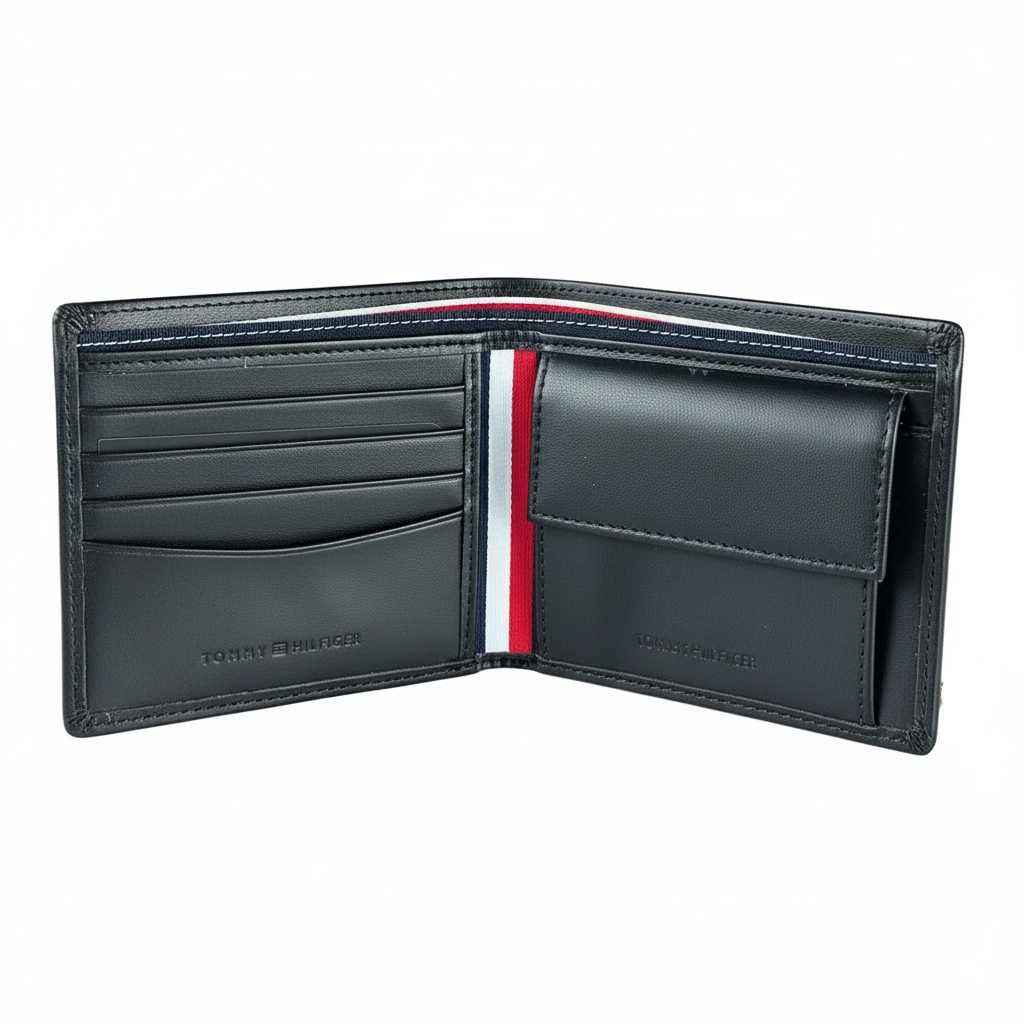 Tommy Hilfiger Men's Black Leather Bi-Fold Coin Pocket Wallet 🖤💰🚩