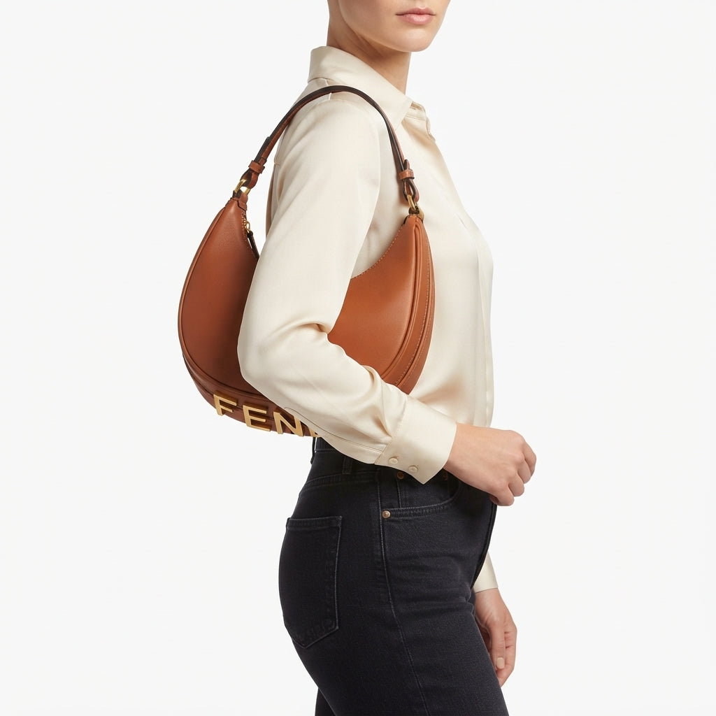 Fendi Moon Shape Brown Leather Shoulder Bag with Iconic Logo Strap