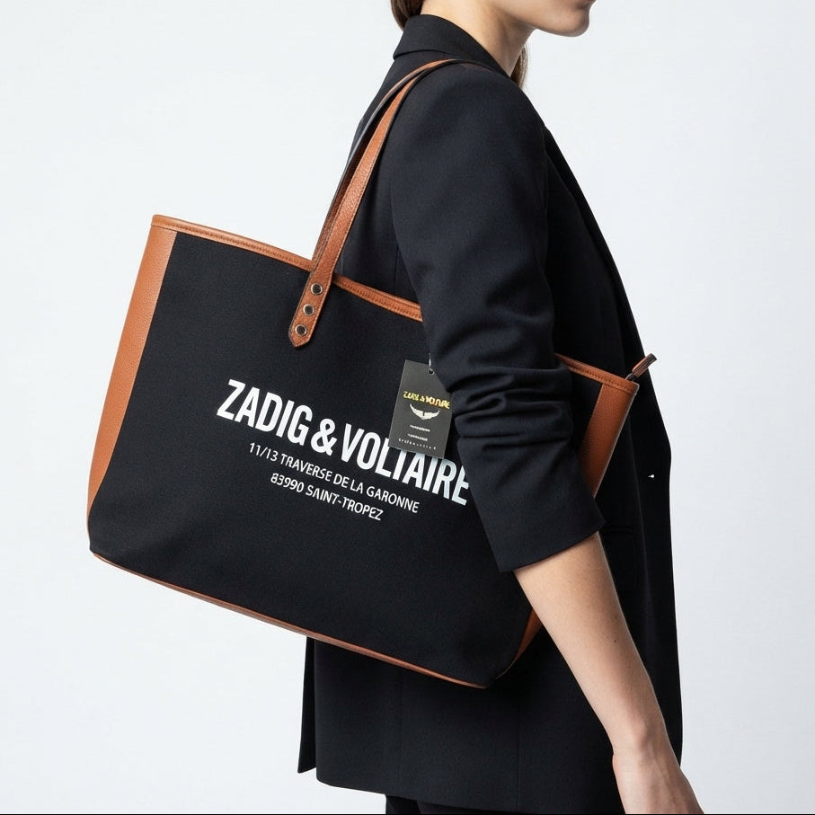 Zadig & Voltaire Canvas Tote Bag with Tan Leather Style Handles
