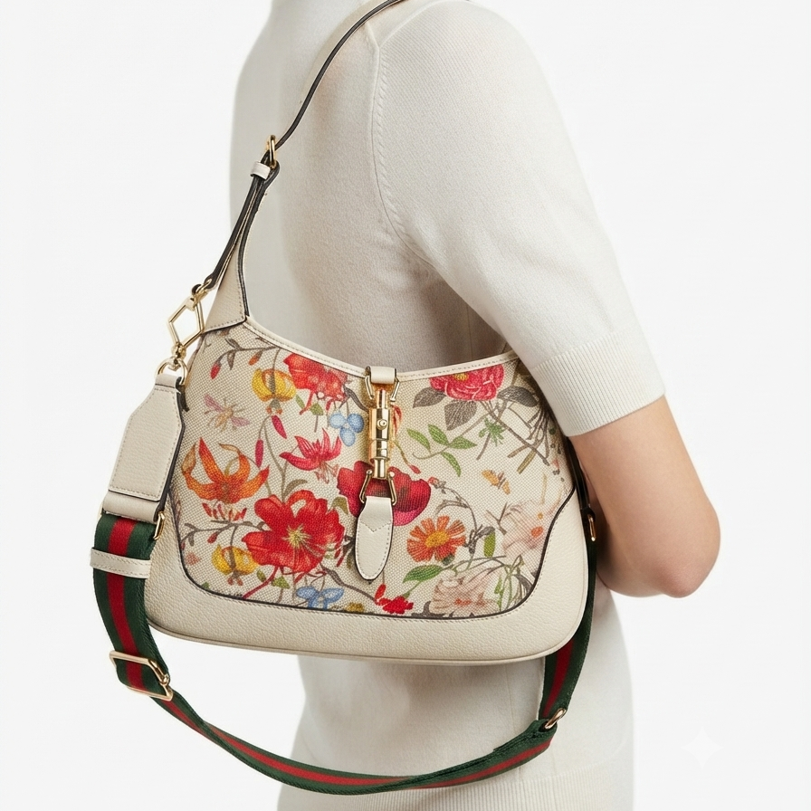 Gucci Floral Canvas Shoulder Bag with Gold Tone Hardware
