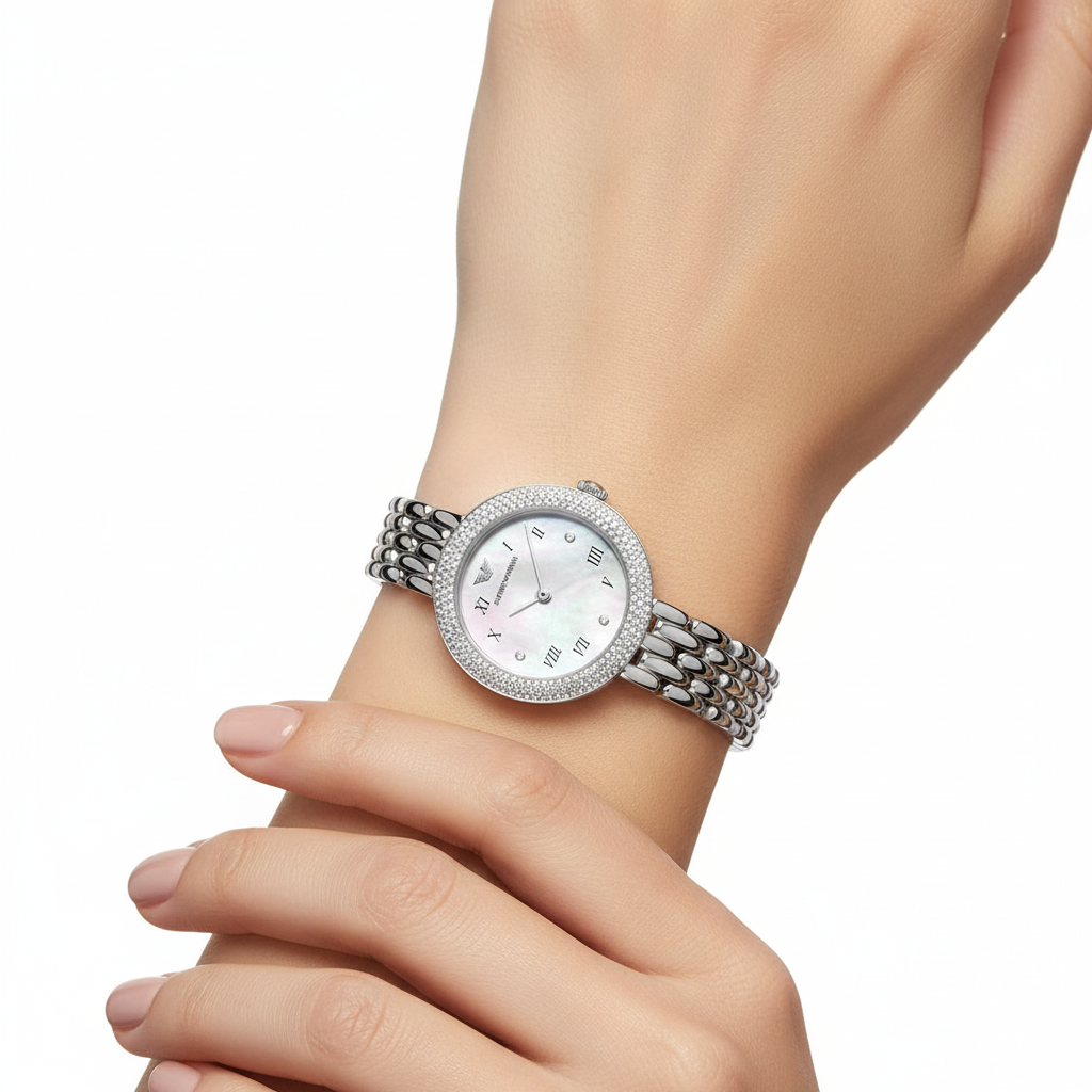 Emporio Armani Ladies' Mother-of-Pearl Pave Dress Watch 💎✨🦢