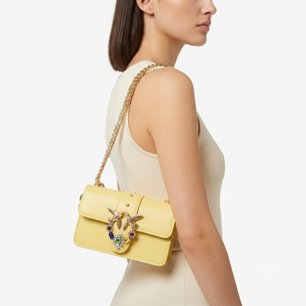 Pinko Yellow Crystal Embellished Bird Logo Crossbody Bag