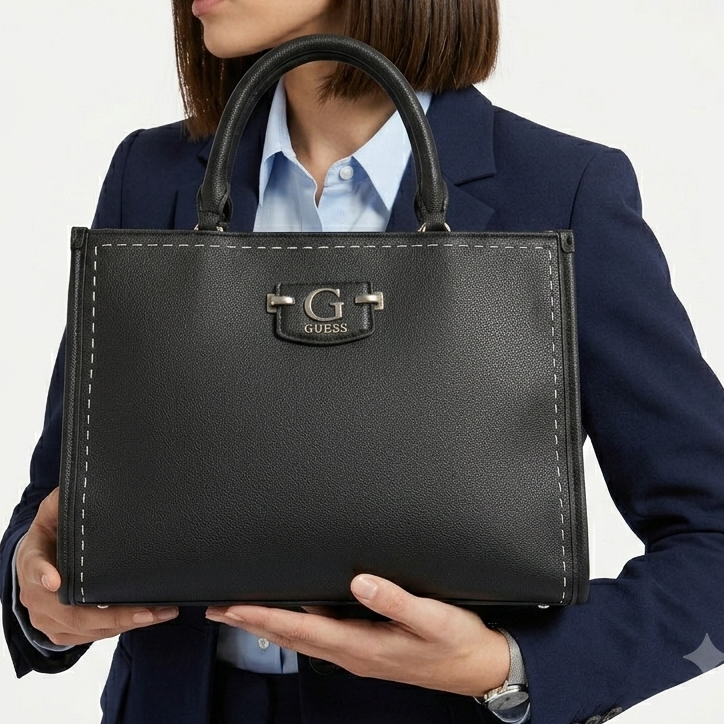 Guess Black Leather Signature Tote with Contrast Stitching 👜✨