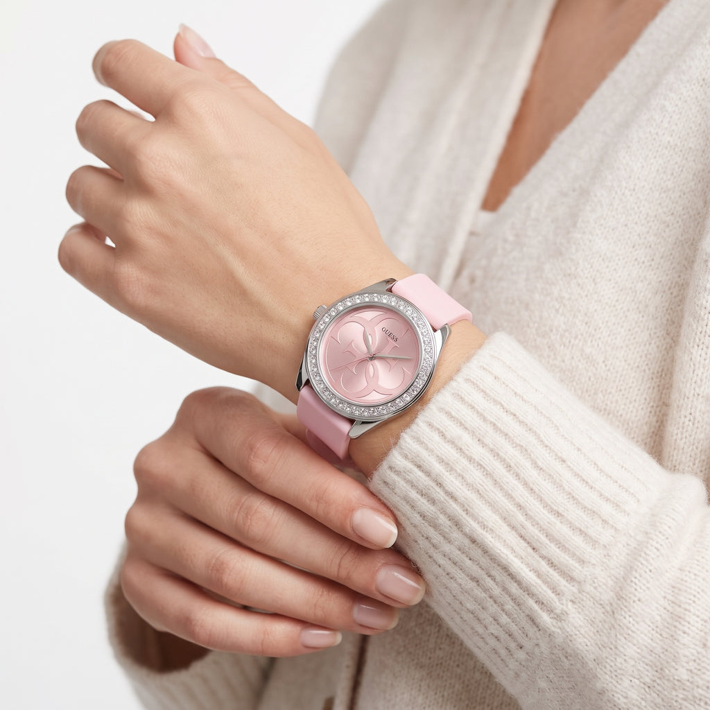 GUESS Pink Silicone Watch with Crystal Bezel