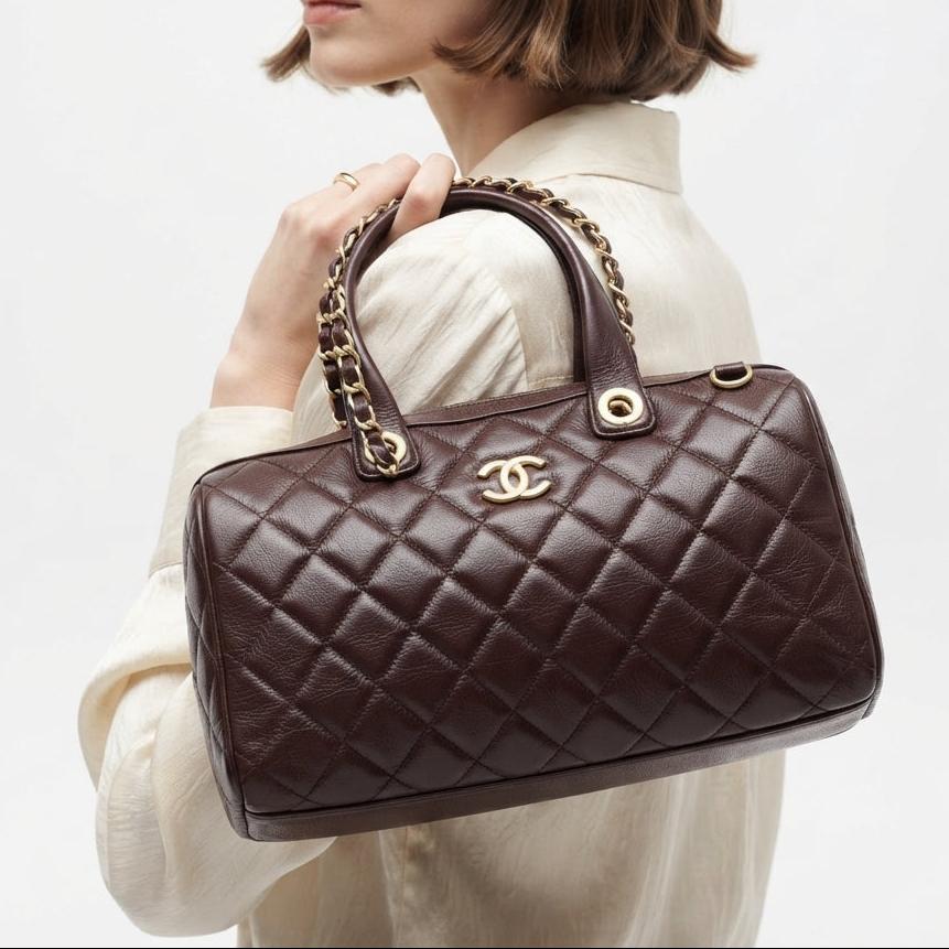 Chanel Brown Quilted Leather Handbag with Gold-Tone Chain