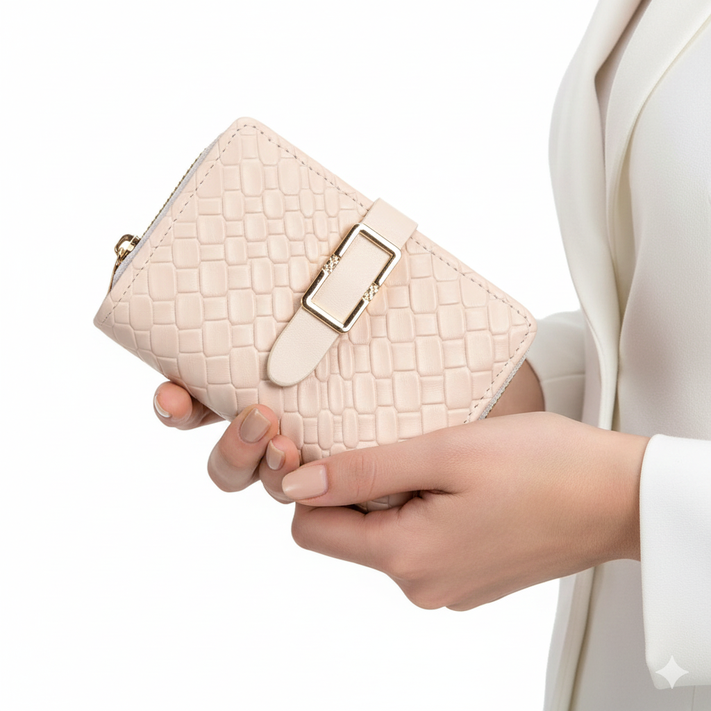 Elegant Blush Pink Woven Texture Bifold Wallet with Gold Buckle 🌸✨👝