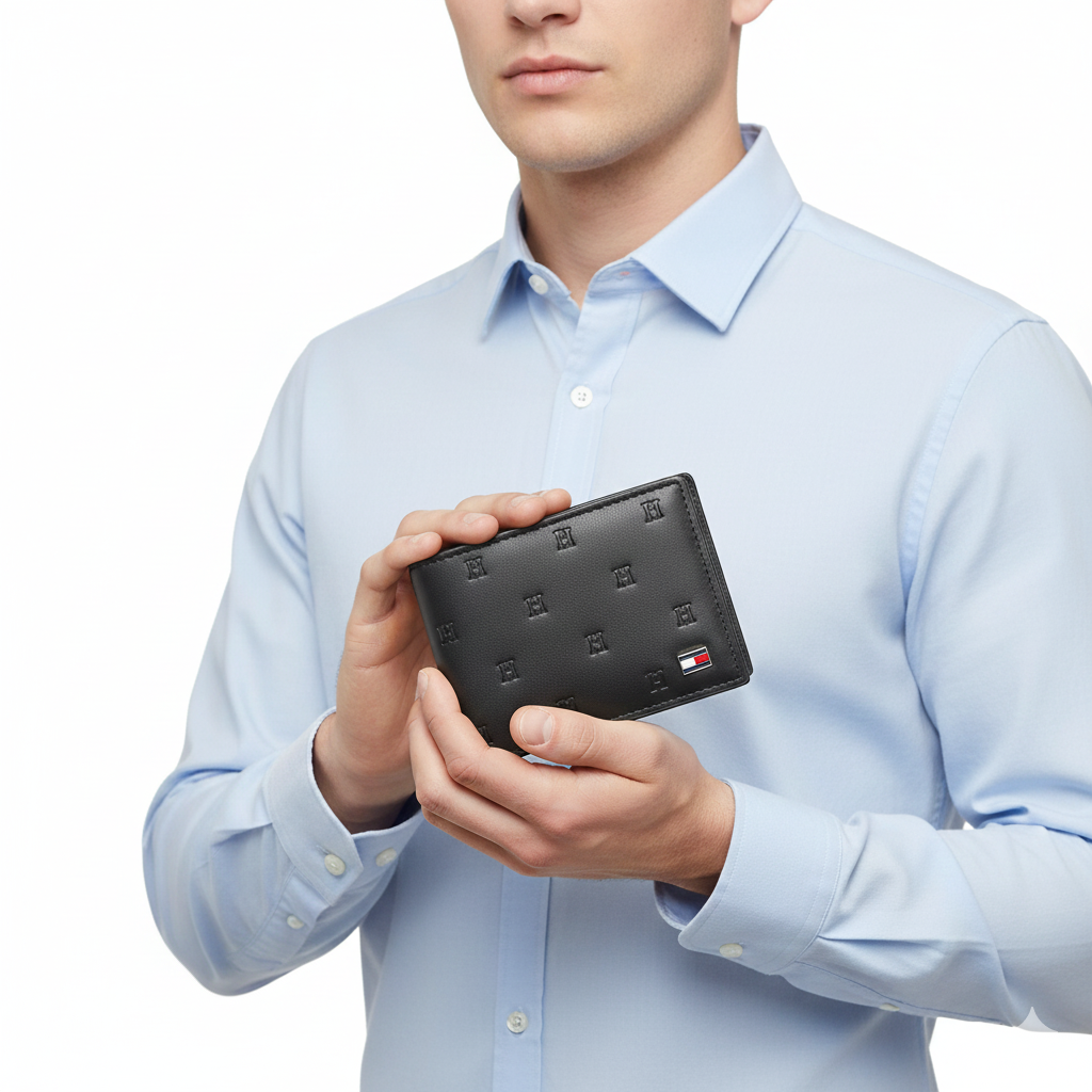 💼 Tommy Hilfiger Black Monogram Bifold Wallet in Gift Box 🎁🖤