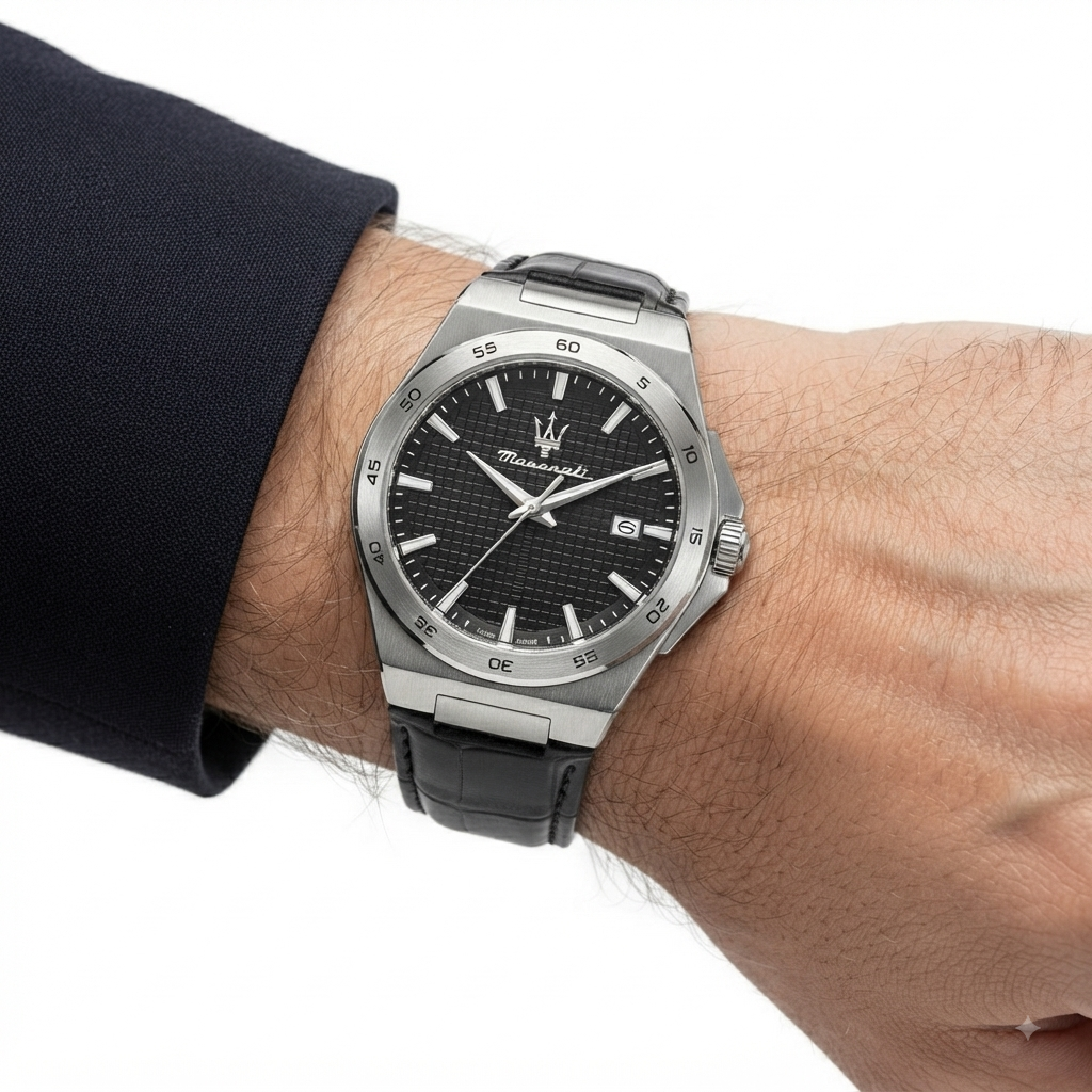 Maserati Potenza Automatic Watch with Textured Black Leather Strap
