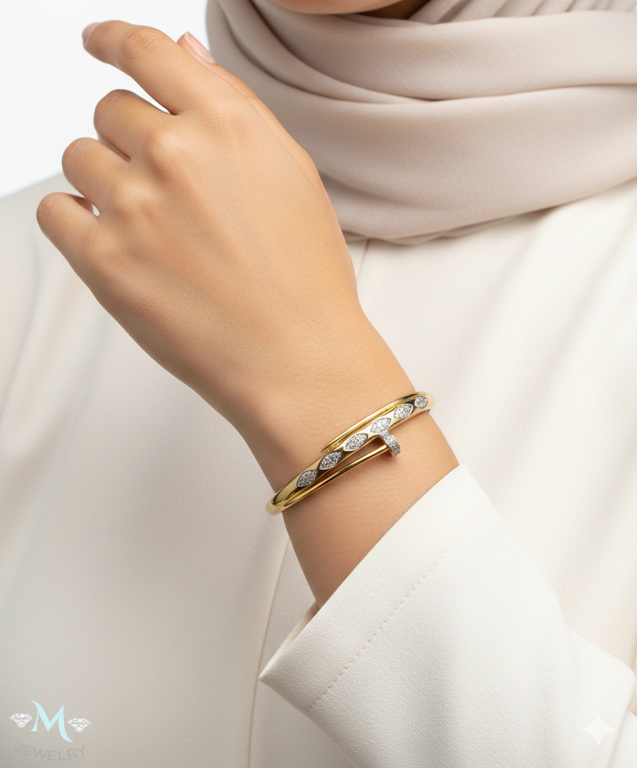 Jewelry Diamond Accent Gold Nail Bangle Bracelet 💎✨💅