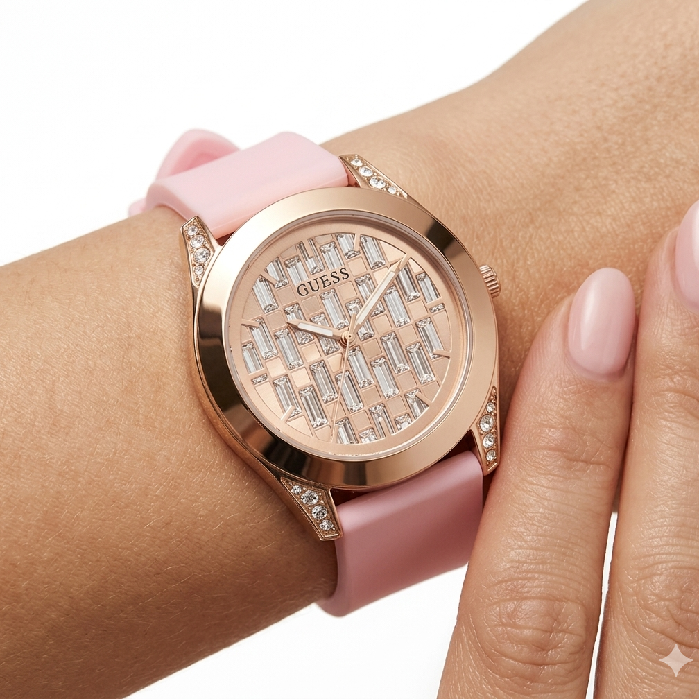 GUESS Women's Rose Gold Tone Crystal Baguette Watch with Pink Silicone Strap ⌚💖✨