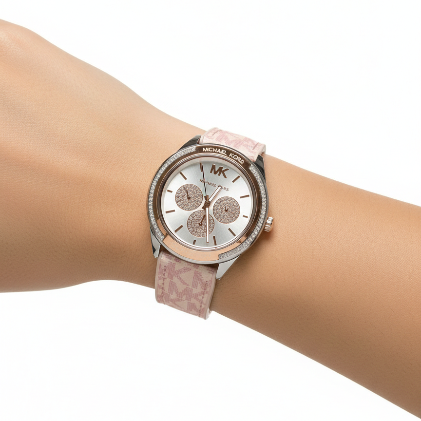 Michael Kors Ritz Silver and Rose Gold Chronograph Watch with Pink Logo Strap ⌚✨💖