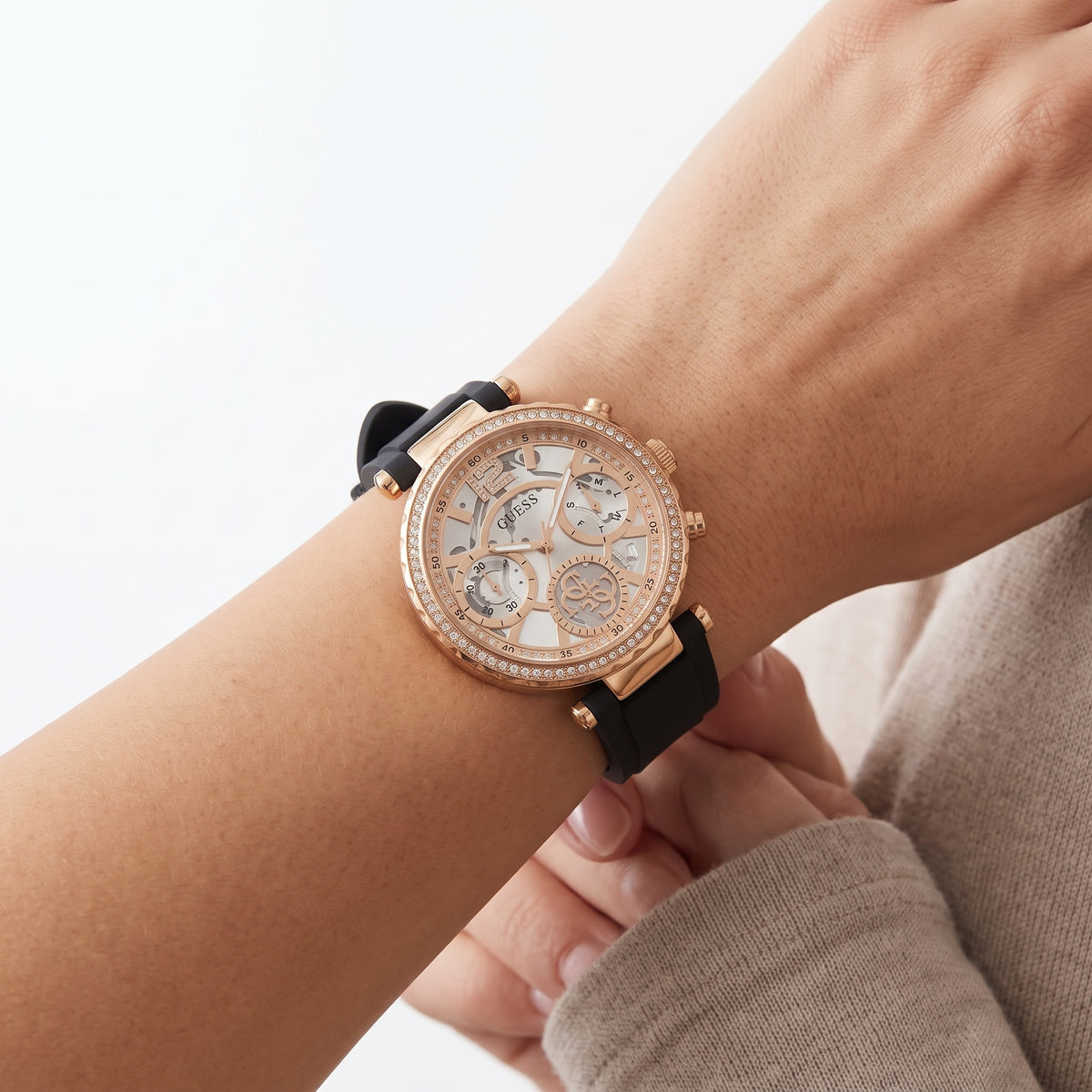 GUESS Rose Gold Crystal Accent Watch with Black Silicone Strap