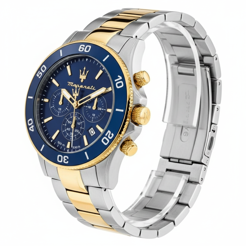 🔱 Maserati Chronograph Watch with Blue Dial and Two-Tone Bracelet 💙✨