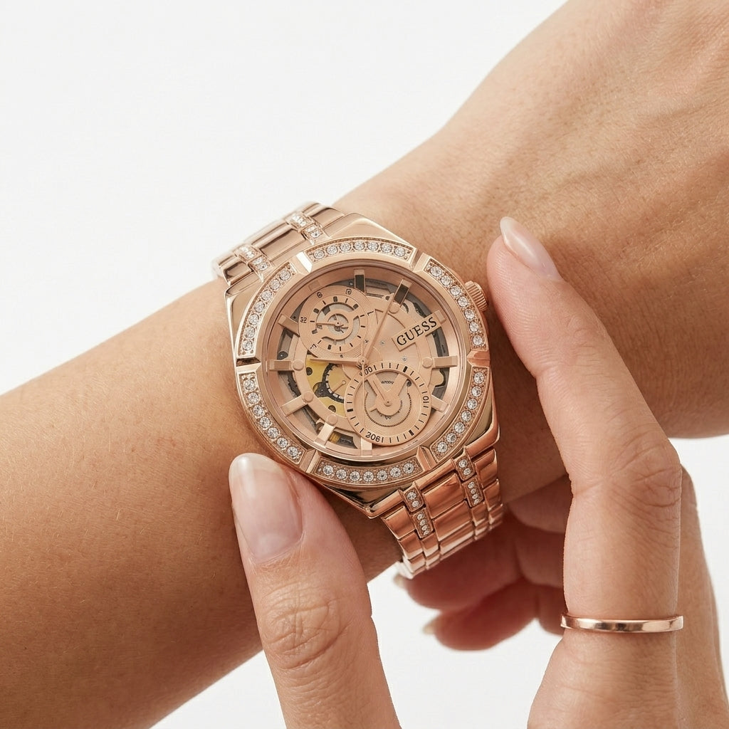 GUESS Rose Gold Tone Crystal Skeleton Watch