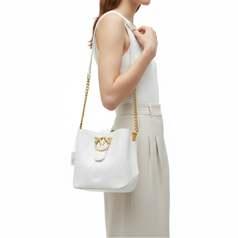 PINKO Love Bag White Quilted Bucket Crossbody with Gold Chain 🕊️⚪️🔗