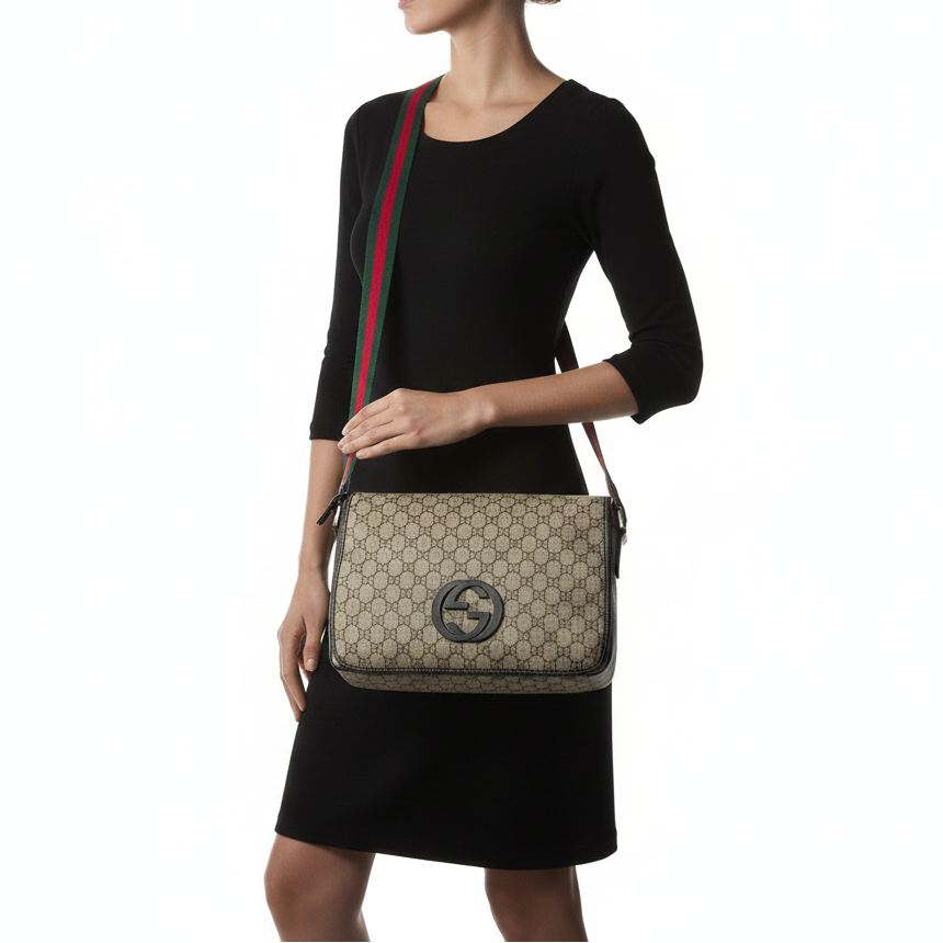 Gucci Interlocking G Messenger Bag with Web Strap and GG Supreme Canvas 💚❤️🌟