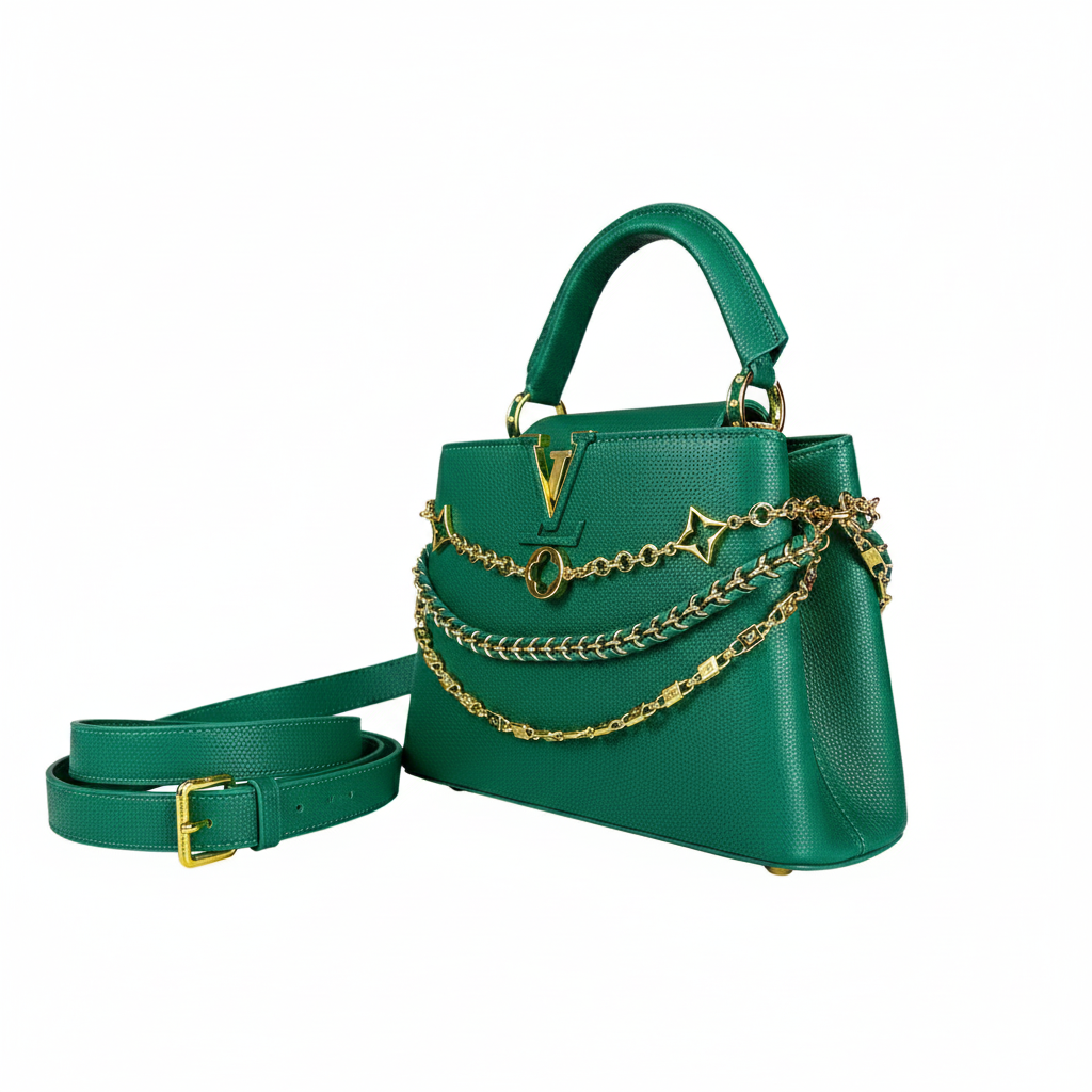 Emerald Green Top Handle Bag with Gold Chain Detailing 💚🔱 chic