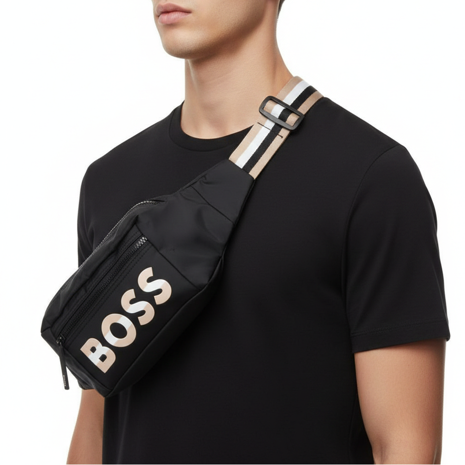 BOSS Men's Black Crossbody Bag with Signature Striped Strap 💼✨👜