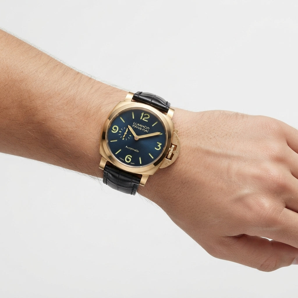 Luminor Panerai Automatic Gold-Tone Watch with Black Leather Strap