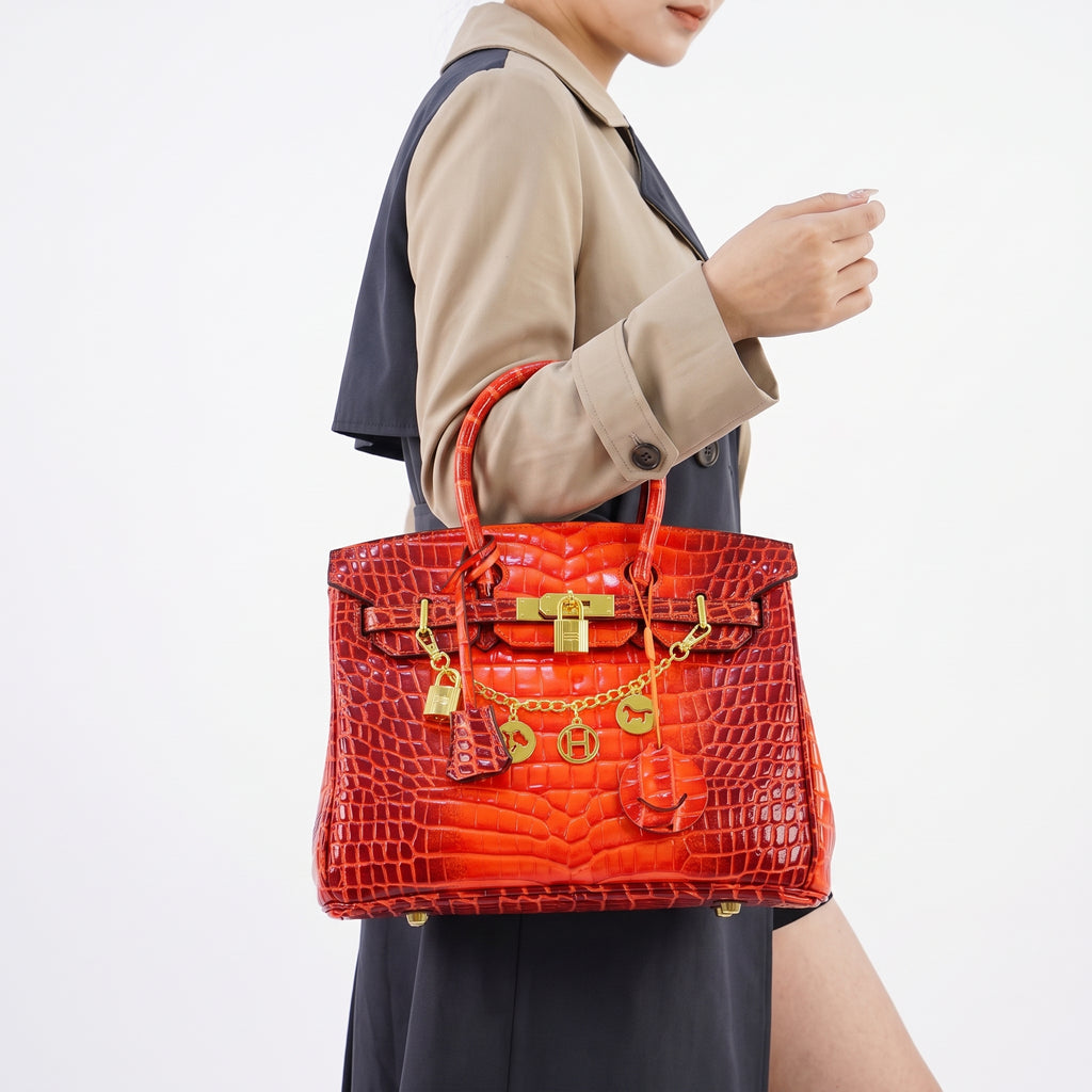 Crocodile Pattern Handbag with Gold Tone Chain Charms