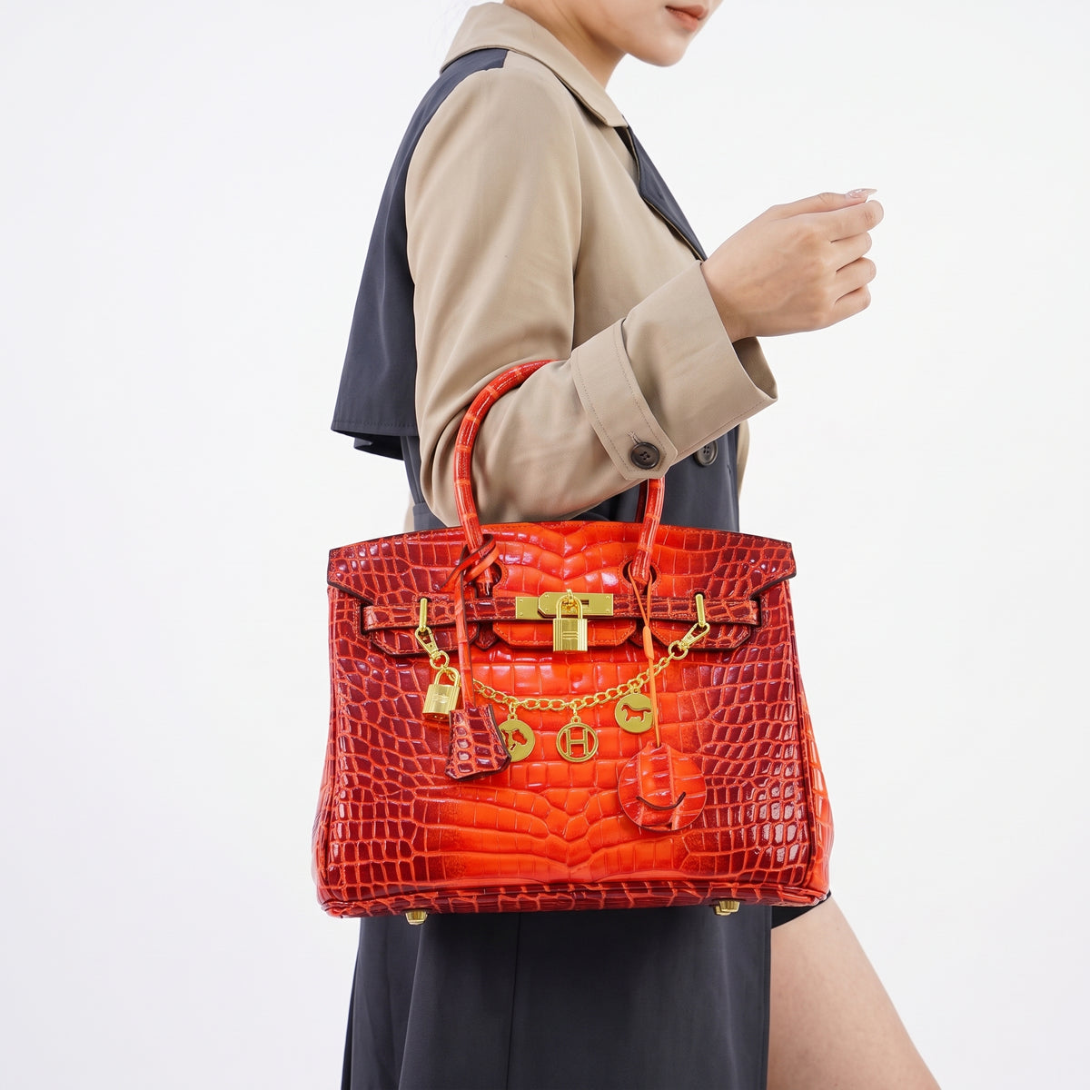 Crocodile Pattern Handbag with Gold Tone Chain Charms