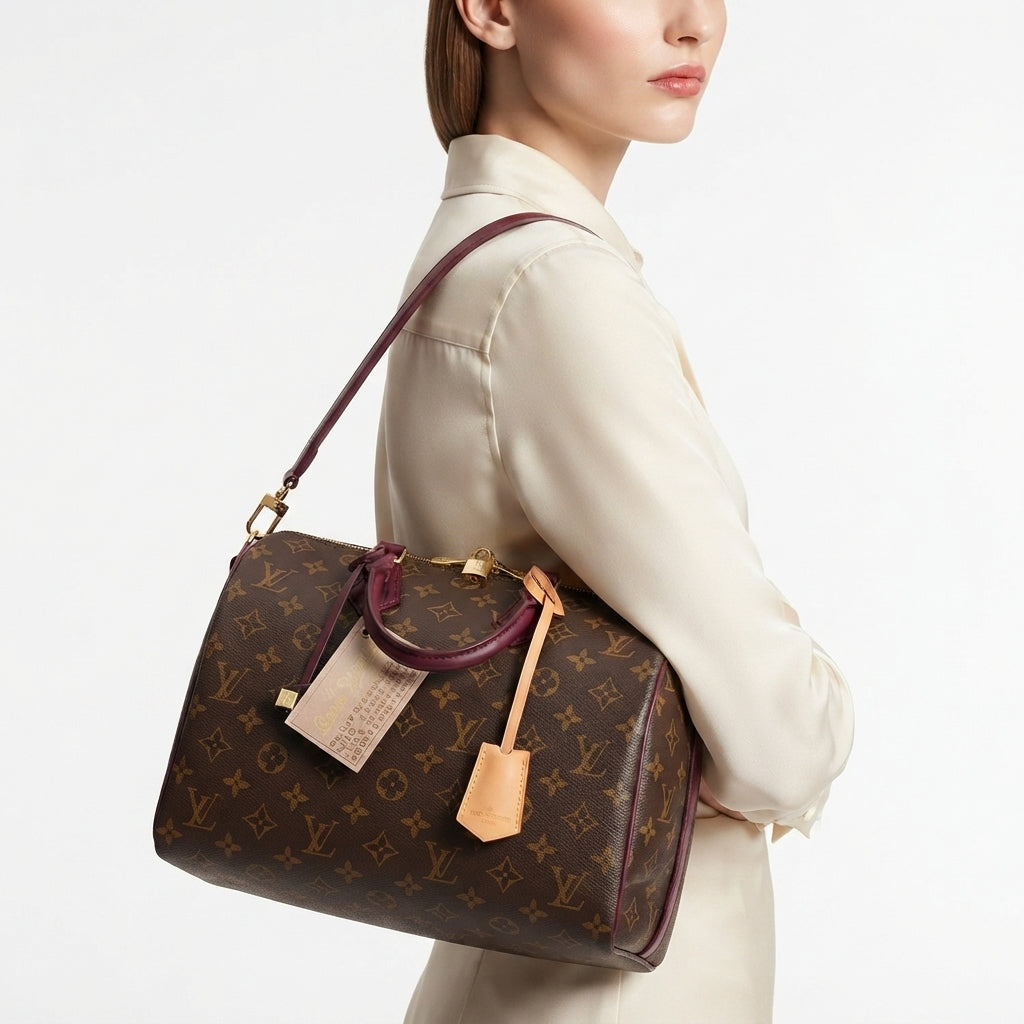 Louis Vuitton Monogram Canvas Bag with Burgundy Leather Accents