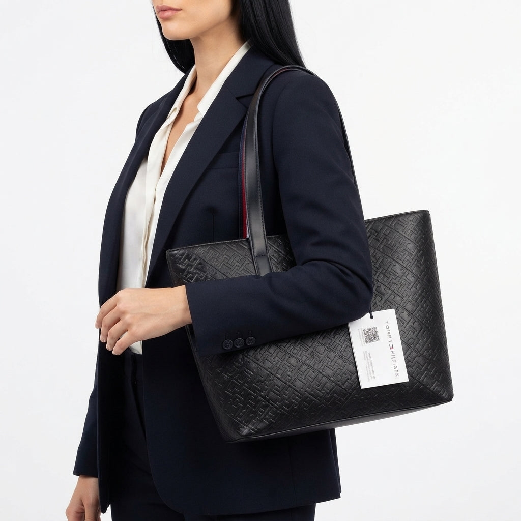 Tommy Hilfiger Monogram Embossed Black Tote Bag