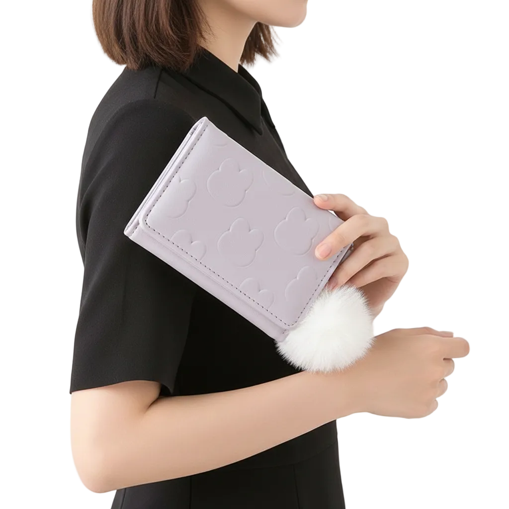 Kawaii Cloud Embossed Trifold Wallet with Fluffy Pom Charm  💜🐰