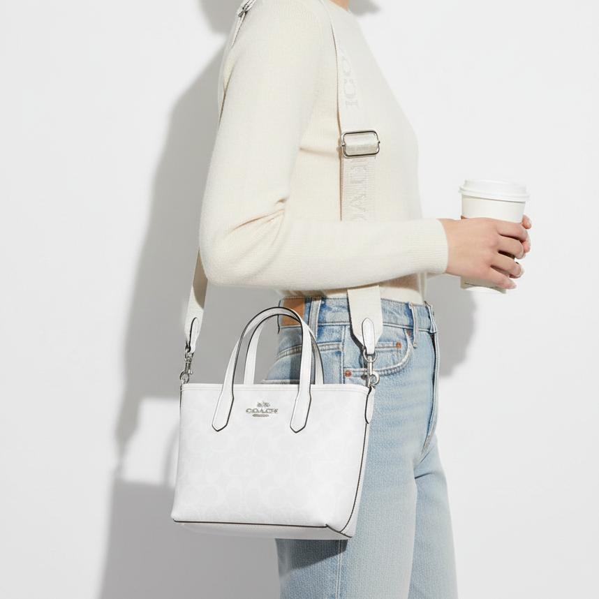 Coach Mini Tote Bag in White Signature Canvas with Logo Webbing Strap 👜🤍✨