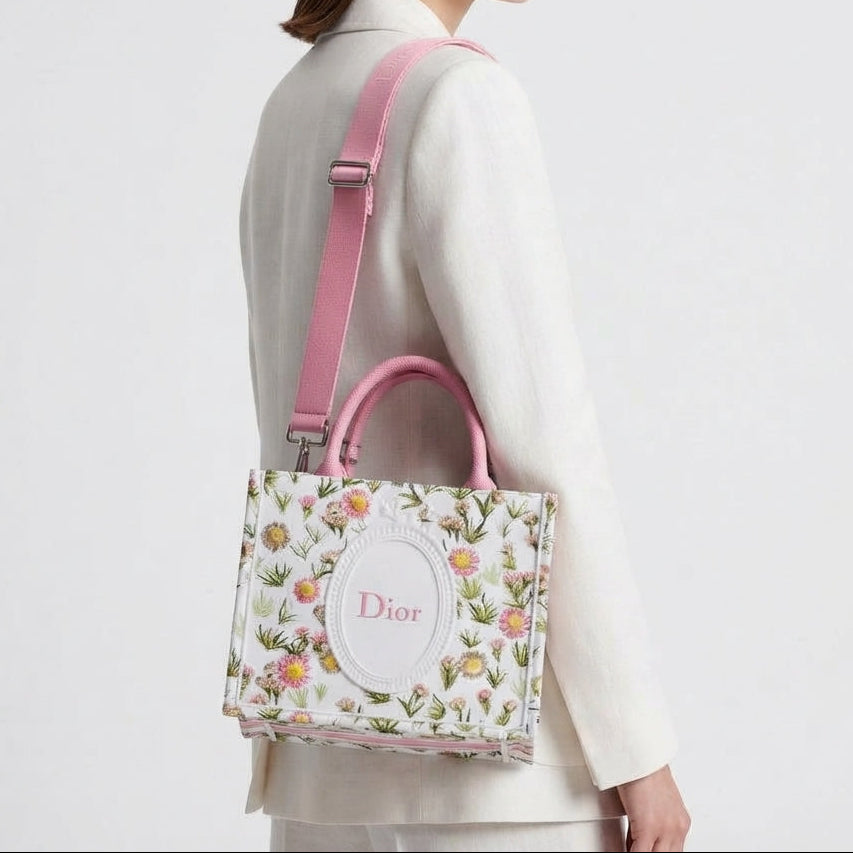 Dior Floral Canvas Tote Bag with Shoulder Strap
