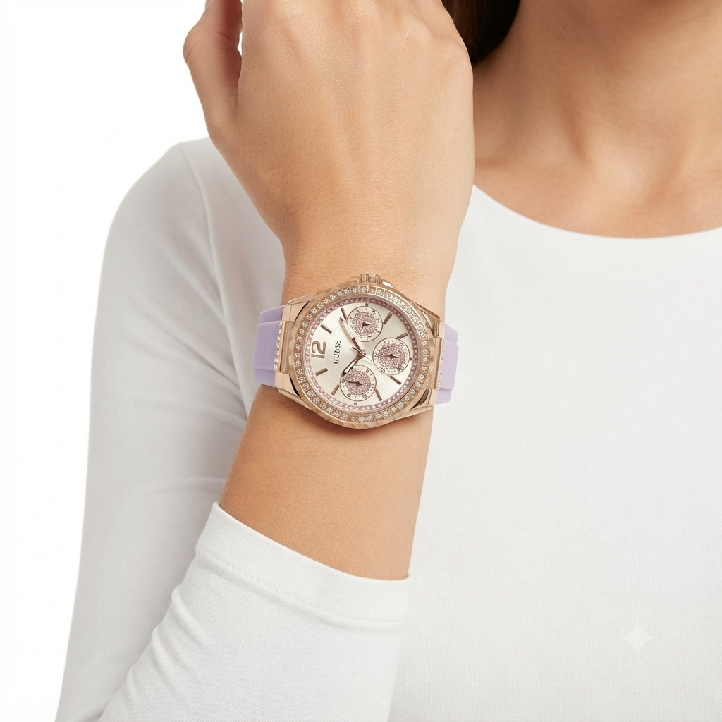 Guess Rose Gold Crystal Watch with Lilac Silicone Strap ✨💜⌚