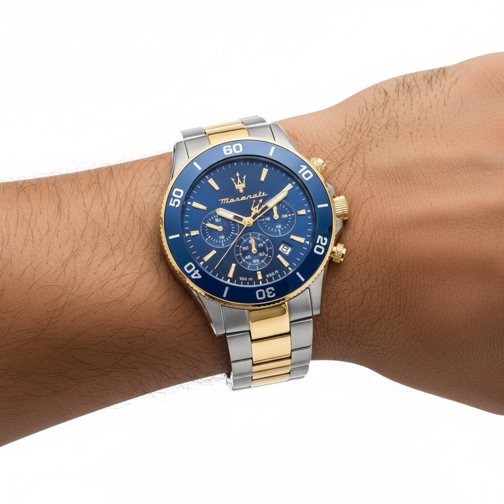 🔱 Maserati Chronograph Watch with Blue Dial and Two-Tone Bracelet 💙✨