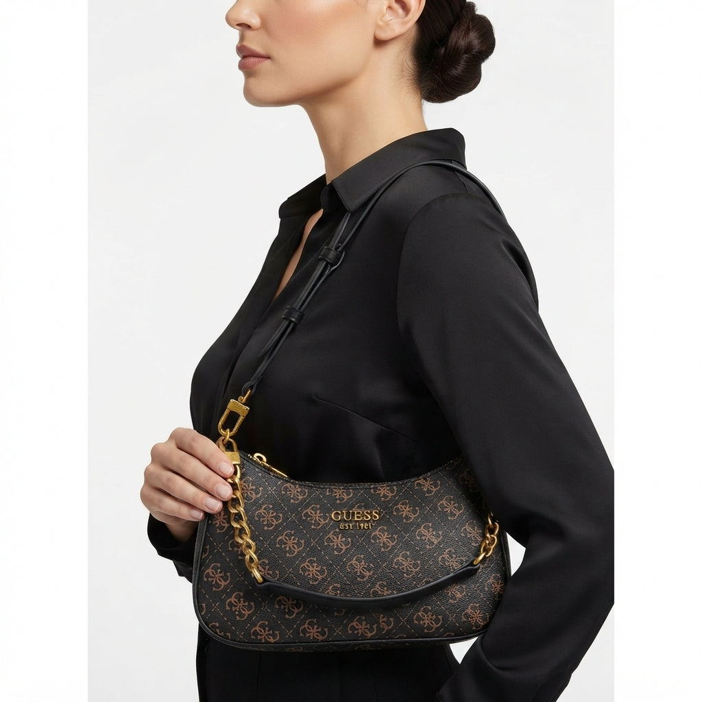 Guess Signature Monogram Shoulder Bag with Gold-Tone Chain