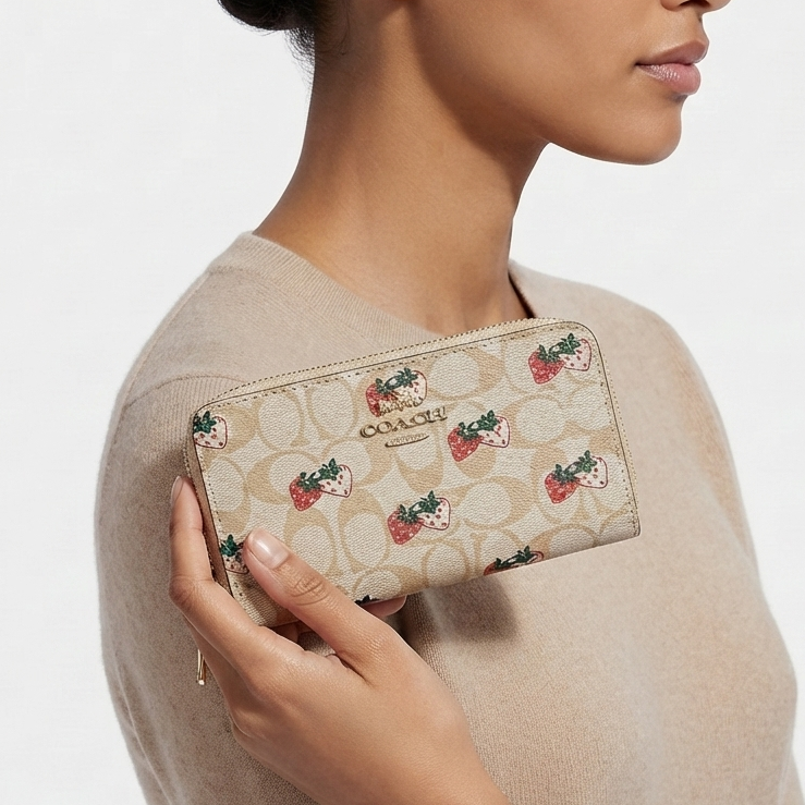 Coach Strawberry Print Zip Wallet in Beige Signature Canvas 🍓✨