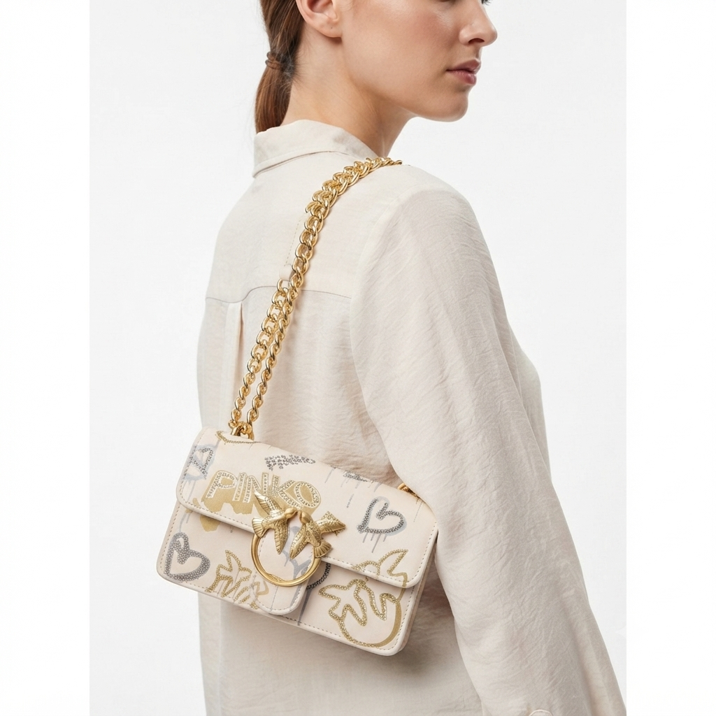 Pinko Graffiti Bird Buckle Chain Bag in White and Gold 🕊️✨