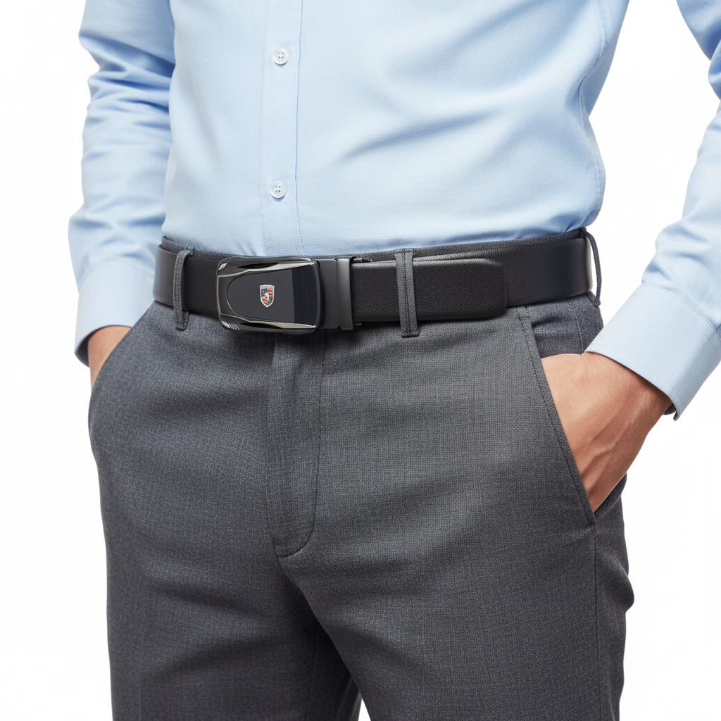 Porsche Luxury Black Ratchet Belt with Iconic Shield Buckle 🛡️⚫🏎️