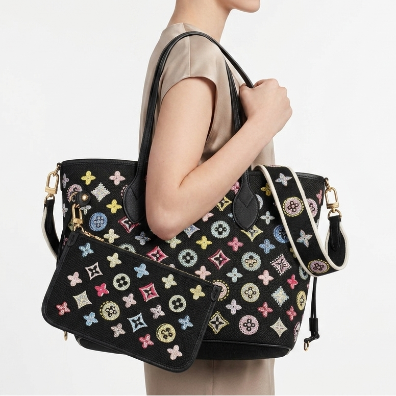 Louis Vuitton Neverfull MM Monogram Embellished Tote Bag with Pouch 👜✨🌈