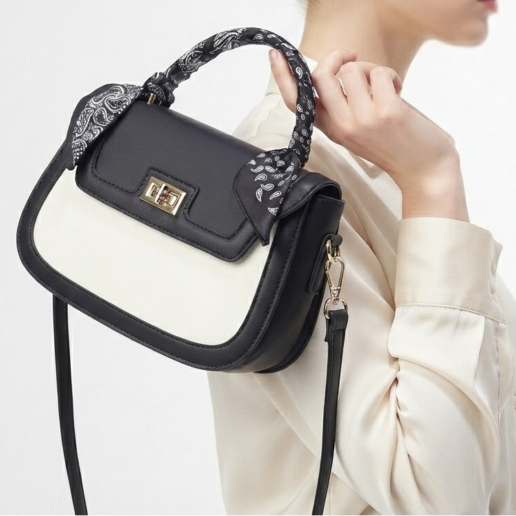 Two-Tone Crossbody Bag with Decorative Paisley Scarf Handle
