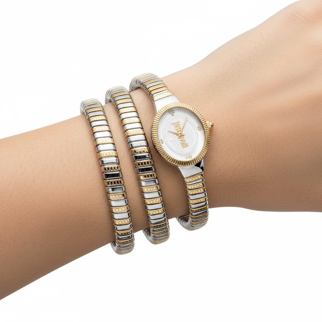 Just Cavalli Two-Tone Serpent Wrap Bangle Watch 🐍✨💎
