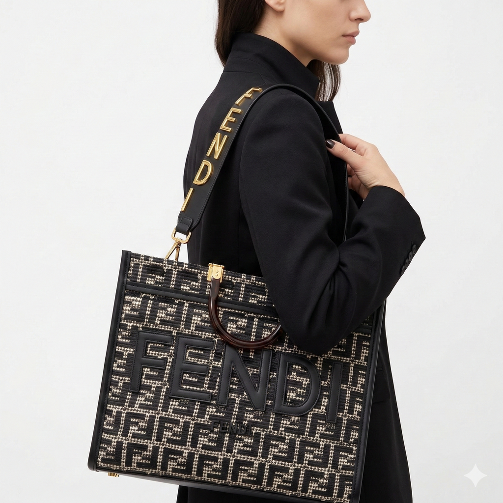 Fendi Sunshine Shopper Tote in Monogram Canvas with Gold Logo Strap 👜🖤✨